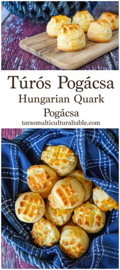 Túrós Pogácsa (Hungarian Quark Pogácsa) on a wooden board and in a bowl with a blue towel. Austrian Cuisine, Bread Bowl Recipe, Around The World Food, Bread Maker Recipes, Garlic Bread Recipe, Slow Cooker Desserts, European Cuisine, Ancient Grains, Hungarian Recipes