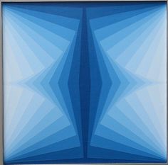 an abstract painting in blue and white with grey trim on the bottom half of it