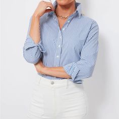 J.Crew Mercantile Blue And White Striped Woman’s Button Down Collared Shirt, Size Small *Never Worn - New With Tag Classic Blue Shirt With Roll-up Sleeves, Blue Shirt With Back Button Closure For Work, Classic Blue Tops With Roll-up Sleeves, Classic Blue Tops With Rolled Sleeves, Office Shirt With Rolled Sleeves Button-up, Collar Cardigan, Jcrew Women, Chambray Shirt, Silk Twill