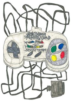 a drawing of a game controller with markers and paintbrushes attached to the board