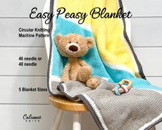 a teddy bear sitting on top of a chair next to a blanket with instructions for how to crochet