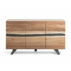 the sideboard is made out of wood and has black stripes on the bottom, along with metal legs