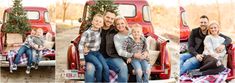 a family sitting in the back of a red truck