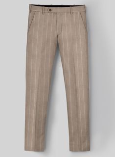 Nuzzle up the pinnacle of elegance with our London Loom Brown Stripe Wool Silk Linen Pants are crafted with the utmost care from a harmonious blend of luxurious wool, sumptuous silk, and airy linen. This ensemble showcases the zenith of refined taste, draped in a rich brown hue adorned with delicate stripes. Whether navigating important business meetings or gracing a glamorous soirée, this ensemble wraps you in an aura of unwavering confidence and enduring fashion.  The London Loom Collection  masterfully blends the durability of wool, the luxury of silk, and the breathability of linen, reflecting the elegance of English tailoring. This fabric offers season-spanning comfort, refined drapes, and natural coolness. Woven with traditional expertise, it stands as a testament to quality, style, Italian Shirts, Tweed Pants, Italian Suit, Linen Suits, Linen Jackets, Tuxedo Shirts, Tweed Suits, Silk Linen, Suits For Sale