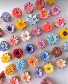 cupcakes decorated with colorful flowers are being held by someone's hand in front of them