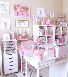 a room filled with lots of pink and white furniture