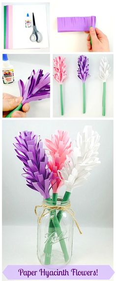 paper hyacinh flowers in a mason jar