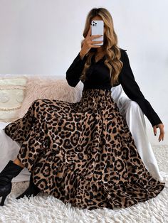 Multicolor Casual   Polyester Leopard A Line Embellished Non-Stretch Spring/Fall Women Bottoms Stile Boho Chic, Floral Print Midi Skirt, Ruffle Hem Skirt, Ruffle Maxi Skirt, Shein Brasil, Leopard Print Skirt, Leopard Skirt, Outfits Woman, Effortlessly Chic Outfits