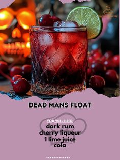 🌊 Dive into the spooky season with our chilling Dead Man's Float beverage! 🧟‍♂️💀  Dead Man's Float  Ingredients: - 1 oz dark rum (30 ml) - 1 oz cherry liqueur (30 ml) - 1/2 oz lime juice (15 ml) - 3 oz cola (90 ml) - Ice cubes  Instructions: 1. Fill a glass with ice cubes. 2. Pour dark rum, cherry liqueur, and lime juice over the ice. 3. Top off with cola and stir gently. 4. Garnish with a slice of lime. 5. Serve and enjoy the eerie vibes!  Don't miss out on this hauntingly delicious drink pe... Cherry Liqueur, Slice Of Lime, Drinks Alcohol, Dark Rum, Fall Drinks, Drinks Recipes, Drink Ideas