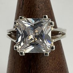 Vintage Cubic Zirconia Sterling Silver Large Solitaire Ring, UK Size Q, US Size 8, EU Size 56 3/4, Stamped 925, Front Max Width 12.5mm, Weight 7.44 Grams, Lovely Condition Classic Sterling Silver Topaz Ring With Vvs Clarity, Classic Silver Square Cut Topaz Ring, Classic Silver Topaz Ring With Square Cut, Classic Princess Cut Topaz Ring With Center Stone, Classic Sterling Silver Square Cut Diamond Ring, Classic Square Cut Crystal Ring For Anniversary, Classic White Topaz Princess Cut Jewelry, Classic Princess Cut White Topaz Jewelry, Sterling Silver Crystal Princess Cut Ring With Vs Clarity