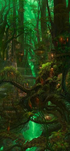 a fantasy forest with lots of trees and lanterns