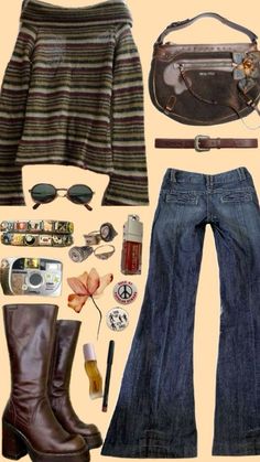 a woman's clothing and accessories including boots, purses, sunglasses, and handbag