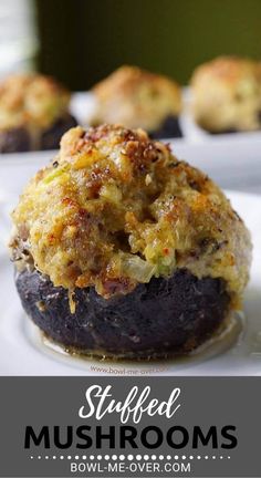 stuffed mushrooms on a plate with text overlay