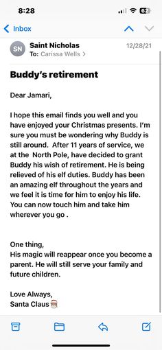 an iphone screen with the text buddy's retirement written on it and another email message