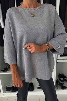 Women's Round Neck Mid-sleeve Knitted Casual Top Cardigans tops Modern Knitting, Round Neck Shirt, Knit Sleeve, Loose Sweater, Casual Top, Half Sleeve, Sleeve Sweater, Grey Sweater, Sleeve Type