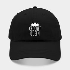 a black hat with the word crochet queen printed on it and a crown