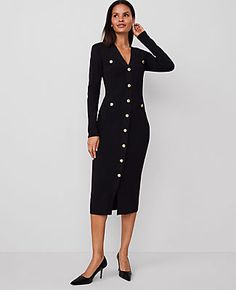 From workday lunch to weekend brunch, our V-neck sweater dress is punctuated with a polished button front. V-neck. Long sleeves. Button front. Chest and hip welt button pockets.,Hit:Hits at mid-calf,Imported:Imported,Length:47" from shoulder to hem,Fabrication:50% Polyester, 34% Viscose, 16% Nylon,Garment Care:Machine Washable Button Front V-Neck Sweater Dress by Ann Taylor Size regular - Small Black Women's Sweater, Dress, Regular, V-Neck, Long, Sleeve, Dresses, 50%, Polyester, 34%, Viscose, 16 Ann Taylor Petite, Long Sleeve Dresses, Weekend Brunch, Sleeve Dresses, Large Size Dresses, V Neck Sweater, Large Black, Mid Calf, Vneck Sweater