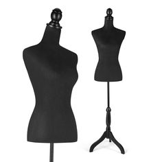 two mannequins are standing next to each other on a black tripod