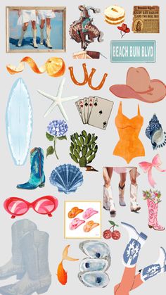 a collage of beach bum blvd items including shoes, hats, sunglasses and flip flops