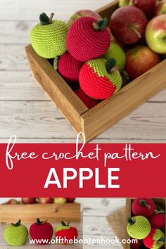 crocheted apples in a wooden box with text overlay that says free crochet pattern apple