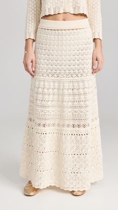 Fabric: Mid-weight pointelle knitTiered skirtCovered elastic waistbandShell: 100% cottonHand washImported, ChinaStyle #BASHH30497 Upcycle Crochet, Italy Wardrobe, Crochet Midi Skirt, Unusual Wedding Dresses, Crochet Maxi Skirt, Safari Chic, Crochet Midi, Summer Dressing, Boot Barn