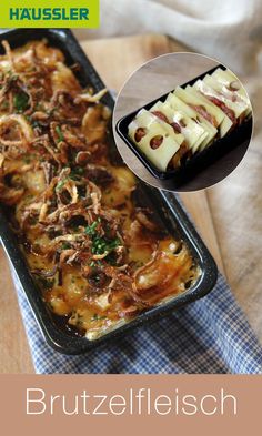 an image of a casserole dish with meat and cheese on it in a pan