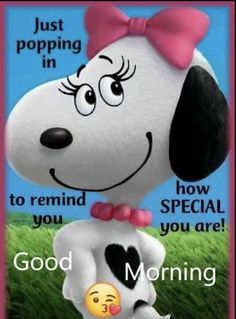 a cartoon dog with a pink bow on it's head and the words, good morning