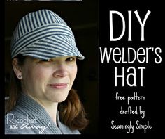 a woman wearing a striped hat with the words diy welder's hat