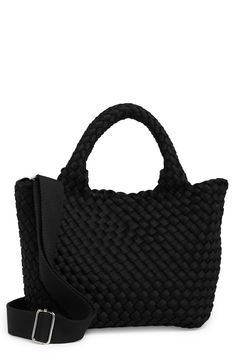 A sporty neoprene tote bag features a texture-rich weave and a soft woven shoulder strap for convenient carrying. 8" H x 13" W x 6" D 4" handle drop, 24" strap drop Dual top handles, optional crossbody strap Lined Nylon/spandex Imported Black Woven Shoulder Bag With Double Handle, Black Double Handle Woven Shoulder Bag, Black Woven Bag For On-the-go, Black Nylon Tote Satchel, Black Shoulder Bag With Reinforced Handles For Shopping, Black Woven Satchel For Travel, Black Double Handle Shoulder Bag With Reinforced Handles, Black Nylon Shoulder Bag With Reinforced Handles, Neoprene Tote