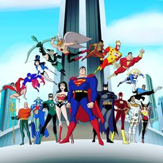 a group of superheros standing in front of a tall building with their arms around each other