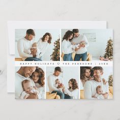 a christmas card with four photos of people holding their babies and the words happy holidays on it