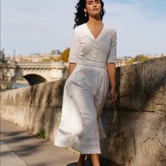 Color White Details New Size M V-Neck, Half Sleeves, Pleated Top, Stitching Lace, Lined Composition 100% Cotton Washing Method Hand Wash In Cold Water Softly, Using A Mild And Gentle Detergent. Style For Large Bust, French Dress, Handkerchief Dress, Best Dress, Simple Retro, Pleated Top, Dress Simple, Camisole Dress, White Midi