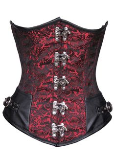 Red Black Brocade with Leather work Long Underbust Corset Top Inside Cotton Twill Front Seal Lock Opening & Back lace Up Leather Waist Cincher, Corsets Dresses, Red And Black Corset, Authentic Corsets, Corset Steampunk, Contemporary Dress, Corset Training, Corset Costumes, Corset Pattern