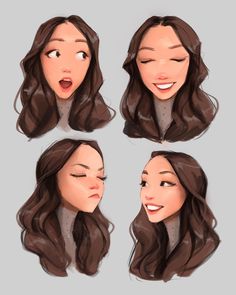 four different angles of a woman's face with long brown hair and eyes closed