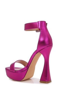 A flared high heel and platform sole bring unique style to this modern open toe sandal. Adjustable ankle strap with buckle closure Manmade upper and sole Imported Modern High Heel Shoes With Buckle Closure, Modern High Heels With Buckle Closure, Fitted Platform Sandals, Modern Pink Heels With Buckle Closure, Bold Platform Sandals For Party, Platform Heels With Single Toe Strap For Party, Bold Sandals With Heel And Ankle Strap, Modern Heels With Buckle Closure For Night Out, Modern Platform Sandals For Party