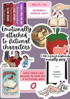 an assortment of stickers that include books, pictures and other things to say about them