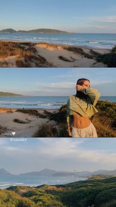 three different shots of a woman standing in front of the ocean with her arms behind her head