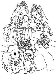 barbie and her puppies coloring pages to print for girls with their dog, cat and puppy