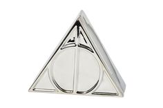 a silver triangle shaped object on a white background