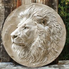 a statue of a white lion on a wooden fence