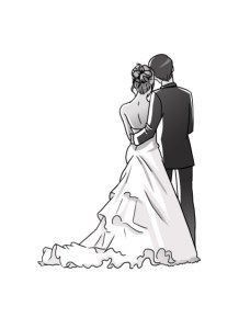 a bride and groom standing next to each other in front of a white background with the word