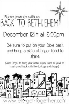 a flyer for a children's christmas party with an image of a town and the words back to bethlemm