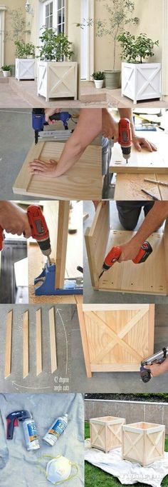 several pictures showing how to build a diy table with drawers and tools on it