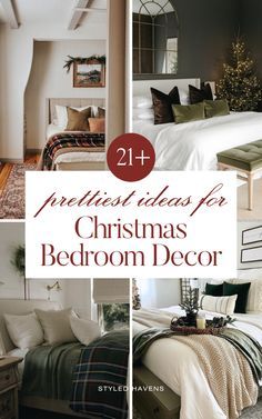 a collage of christmas bedroom decor with text overlay