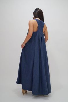 "We love the laid-back feel of this unique dress. Cut from beautifully linen blue denim that feels effortless to wear. Cut for a loose fit and side hidden pockets. This flattering maxi design has unusual design,that gives gently flared silhouette. Pair yours with sneakers at the weekend or with flats to reach smart business outfit, dress is designed with a unique maxi length for effortless comfortability. MATERIALS × cotton denim ------------------------------------------------------------------ Blue Linen Maxi Dress For Beach, Casual Blue Linen Maxi Dress, Chic Blue Linen Maxi Dress, Linen A-line Maxi Dress For Beach, Blue Linen A-line Maxi Dress, Xxxl Dress, Maxi Design, Dress Kaftan, Floor Length Dress