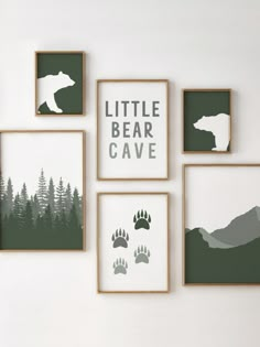 Rustic Woodland Nursery Wall Art featuring adorable animals and trees Bear Nursery Theme, Woodsy Nursery, Wilderness Nursery, Baby Bear Nursery, Forest Prints, Woodland Nursery Wall, Bear Cave, Woodland Nursery Boy, Boy Nursery Themes