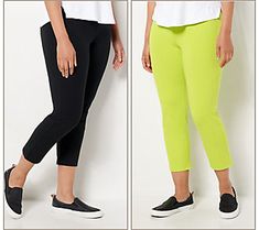 Build a summer wardrobe you can feel confident about with this set of two Women with Control(R) crop pants. Fashioned from a smoothing blend of cotton and spandex, these straight-leg pants flatter your figure in a cropped length that's perfect for warm weather. They're your go-to, wear-anywhere, with-anything pants!  Made with 14% spandex, these curve-hugging crop pants hold you in at the waist and rear to help smooth out your silhouette--so you can take on the day in confidence. The shortened l Stretch Cotton Activewear For Spring, Non-stretch Casual Summer Activewear, Stretch Cotton Capris For Work, Casual Non-stretch Activewear For Summer, Casual Non-stretch Summer Activewear, Trendy Elastane Activewear For Spring, Trendy Spring Elastane Activewear, Comfort Stretch Straight Leg Summer Pants, Summer Straight Leg Pants With Comfort Stretch