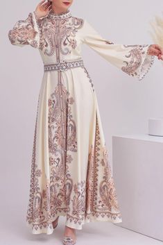 Beige Garden Women's Casual Spring Summer Boho Floral Print Dress High Neck Long Sleeve High Waist Belt Long Maxi - ANNAH HARIRI Beige Garden, Luxurious Garden, Modest Activewear, Full Coverage Swimsuit, Modest Maxi, Dress High Neck, Modest Dress, Sandals Flats, Abaya Dress