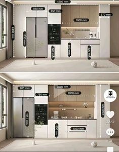 two pictures showing the different parts of a kitchen and living room in one image, with measurements for each part