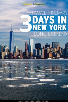 the new york city skyline with ice floes floating in the water and text that reads travel itinerary 3 days in new york long weekend